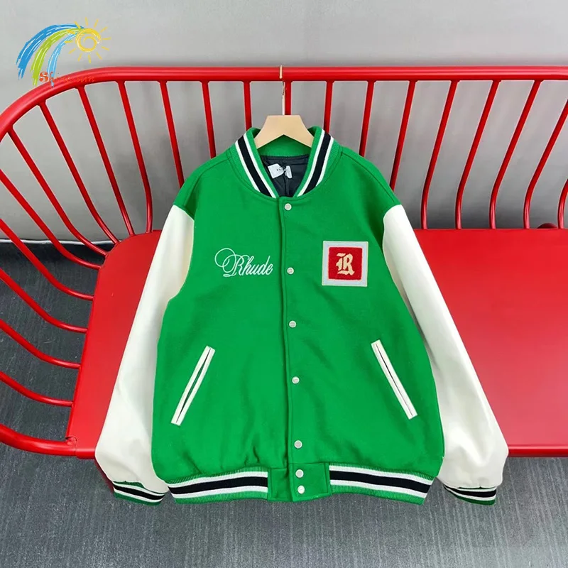 

Hip Hop Loose Green RHUDE Bomb Jacket Men Women 1:1 High Quality Logo Embroidery Rhude Baseball Jacket Woolen Outerwear Coats