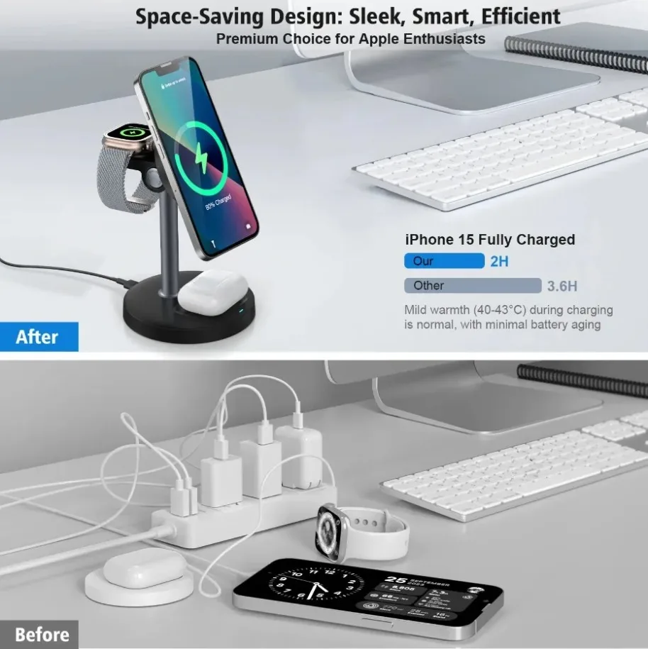 3 in 1 Travel Magnetic Wireless Charger Stand Fast Charging for Magsafe iPhone 17/16/15/14/13/12 Apple Watch 9 AirPods Pro 4/3