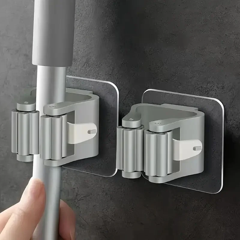 Wall-Mounted Mop & Broom Holder 4Pcs Easy-Install Strong Adhesive No-Drill Storage Rack for Home Organization Utility Hooks