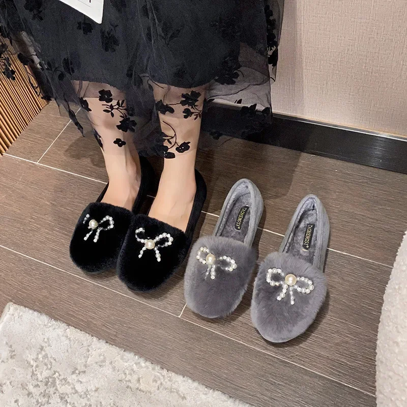 Thick Sole Round Toe Warm Plus Velvet Cotton Shoes Women Fashion Bow Tie Anti-slip Pearls Loafers Plus Size  Zapatillas 2023