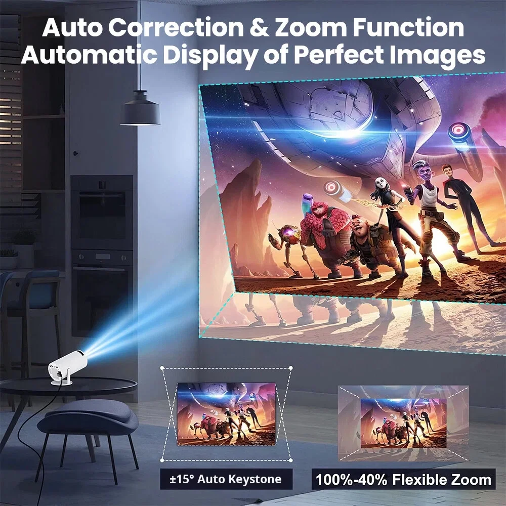 HY300 미니 휴대용 4K 프로젝터, 듀얼 WiFi 안드로이드 11.0 스마트 홈시어터 (160 루멘)