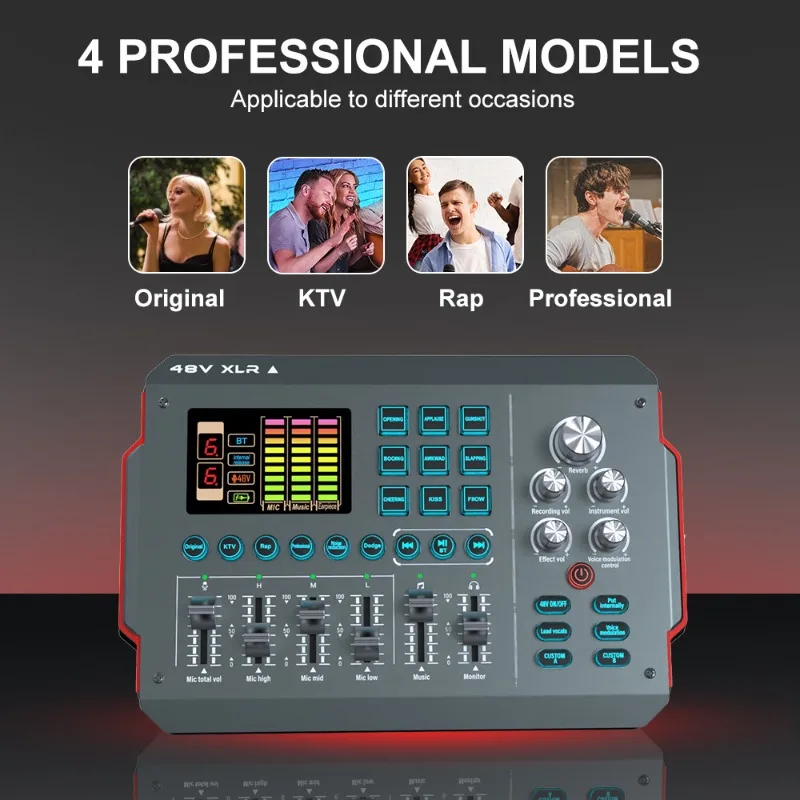 M16 노래용 오디오 인터페이스 - 48V 지원 XLR 마이크 입력, 3가지 음성 변조, 블루투스 반주, 9개 사운드 패드, 5W 저전력