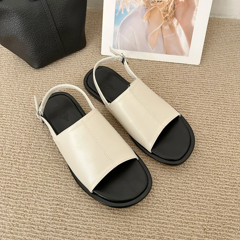 Black Flat Sandals Women Silver Slingback Shoes Retro Summer Flats Beach Shoes Ladies Back Buckle Sandales Femmes