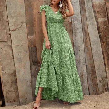 European and American women's summer V-neck high-waisted floral print resort long dress with patchwork floral design 1