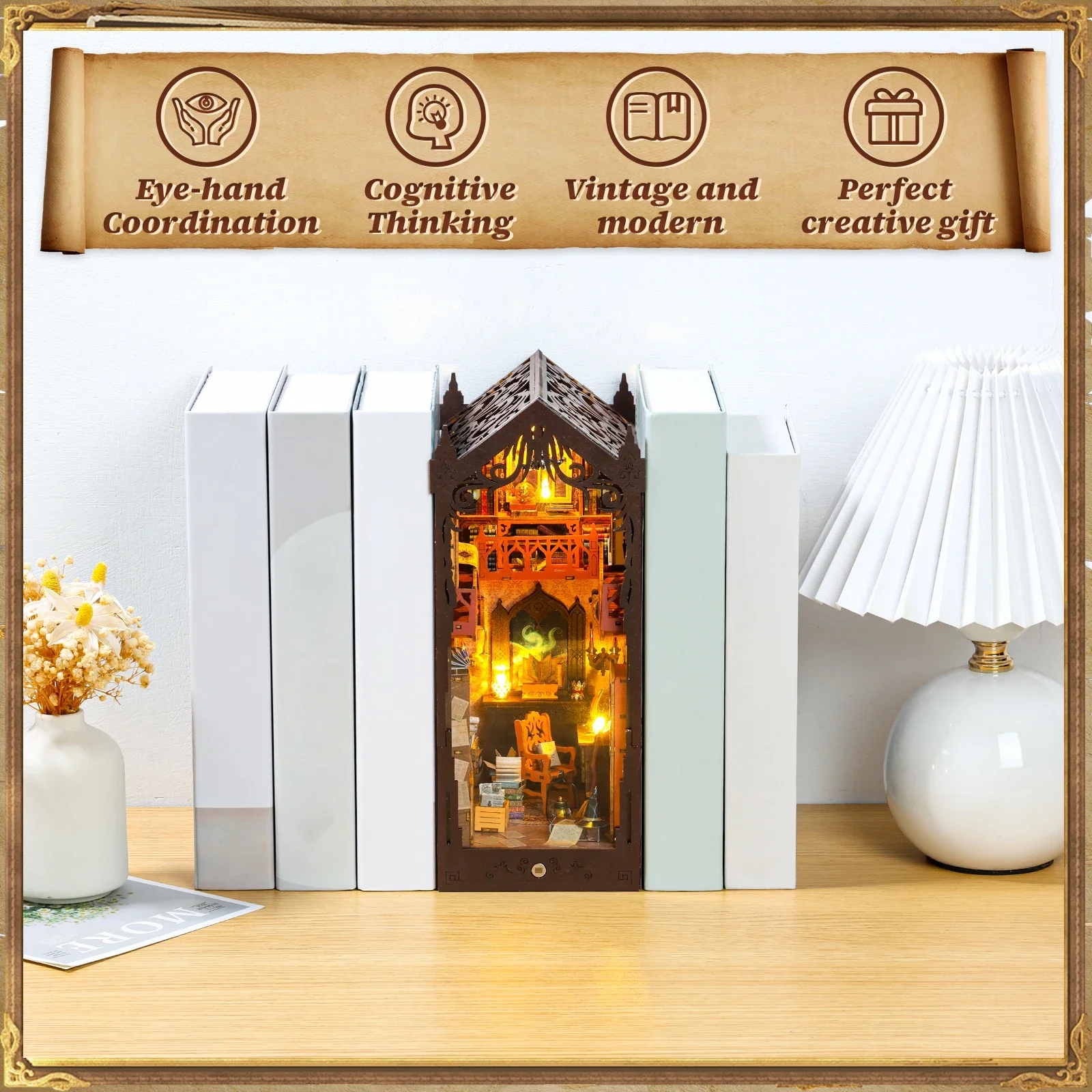 DIY Book Nook Kit 3D Wooden Puzzle Bookshelf Insert with Light DIY Miniature House Model Bookend Building Kits Home Decoration