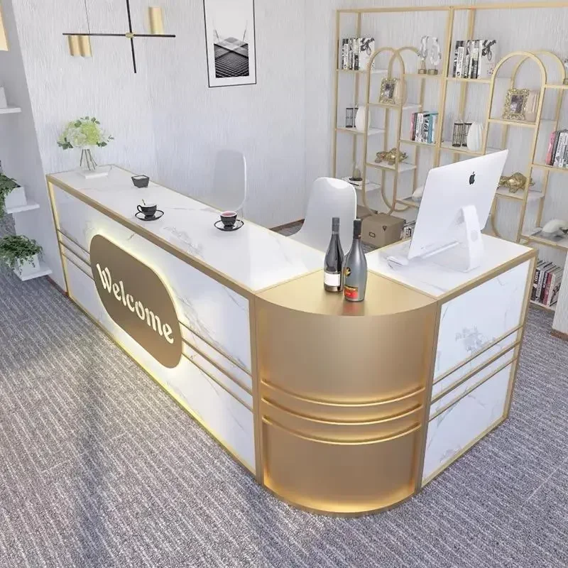 Commercial Furniture Front Table Luxury Pink White Gold Reception Desk Office Building Application Reception Desk