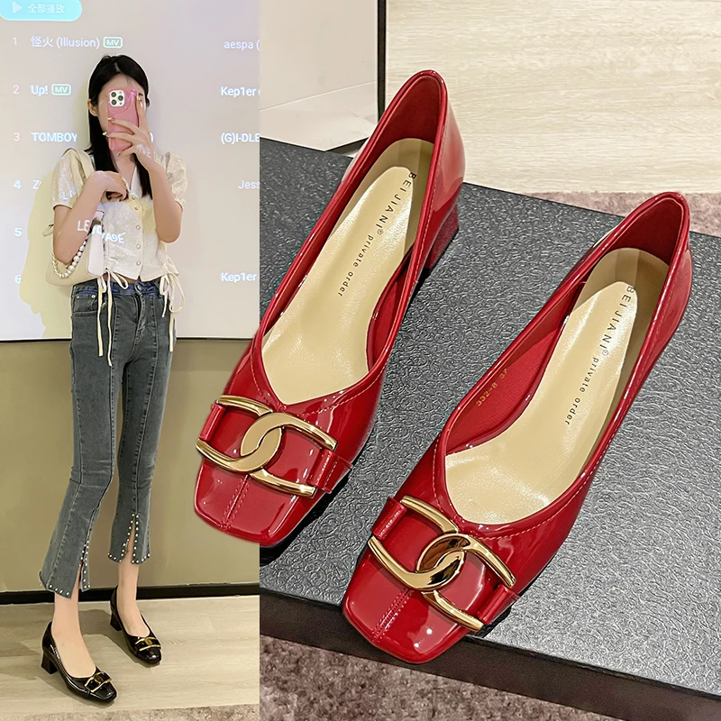 de charol con punta cuadrada para mujer, calzado de tacón medio, náuticos, cordones, para oficina, 9807C, primavera y otoño| | AliExpress