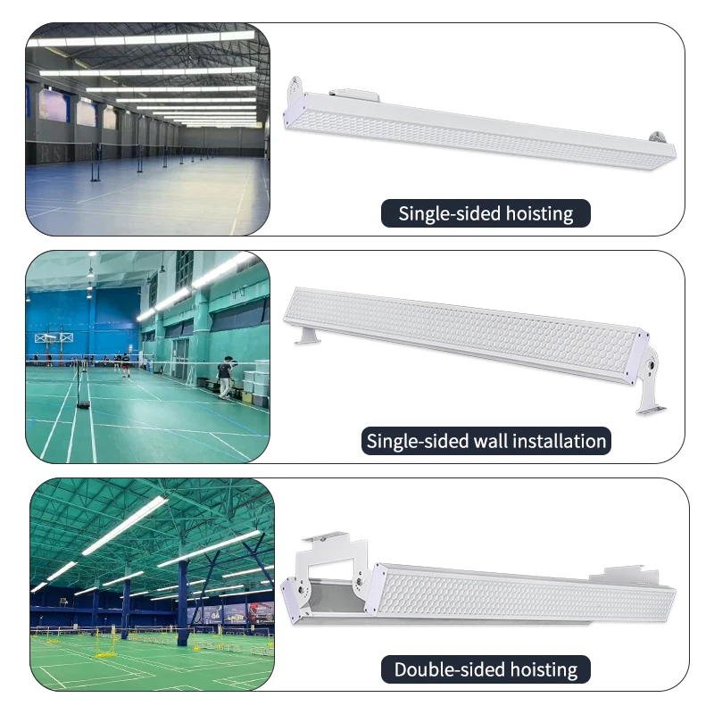 새로운 실내 LED 배드민턴 경기장 조명 LED 배드민턴 코트 조명 눈부심 방지 패들 코트 직사각형 행잉형 선형 조명 (체육관용)