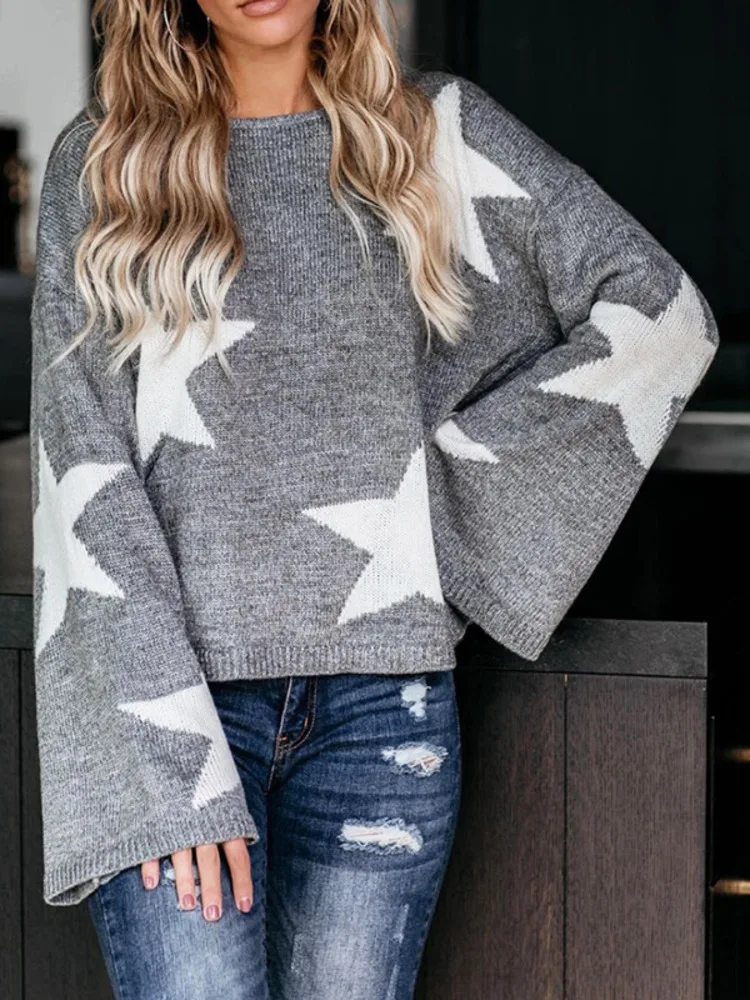 

New Five-pointed Star Color Round Neck Sweater Women's Pullover Fashion Design All-match Harajuku Street Style Sweater