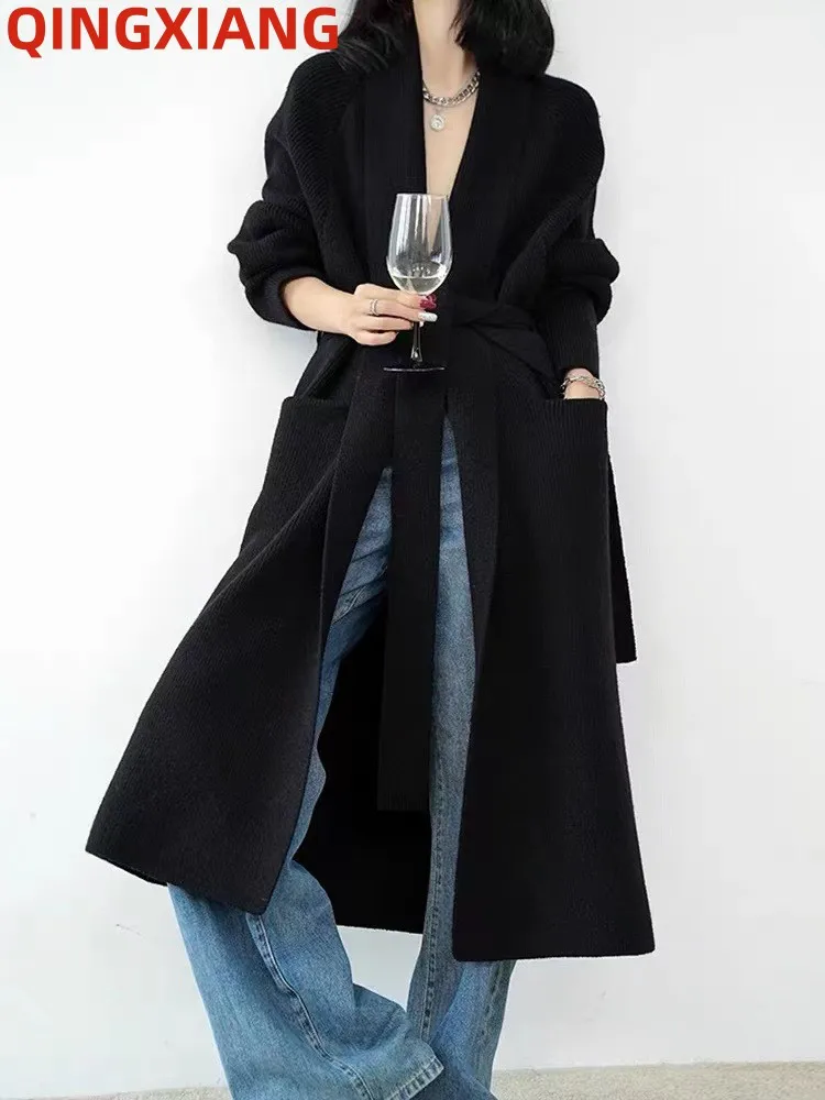 

Europe Women Winter Thick Warm Windbreaker Outdoor Cloak Striped Fox Fur Knitted Long Overcoat Tassel Loose Poncho Trench