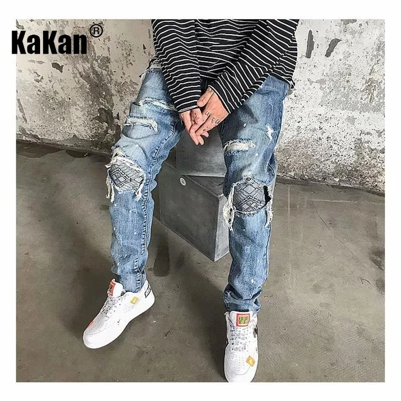 Kakan - New European and American High Street Patchwork Distressed Jeans for Men, Beggar Pants with Small Legs Jeans K27-90G35