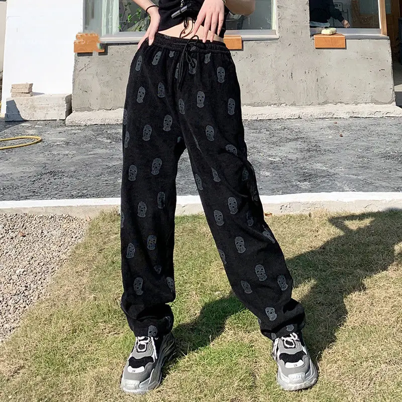 Corduroy  printed trousers womens Korean version 2021 retro ins casual pants  student loose sports pants retro streetwear womens corduroy pants Pants & Capris