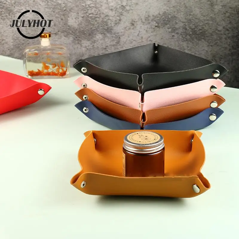 

1Pc 22x22cm Leather Storage Box Foldable Table Top Storage Tray PU Leather Jewelry Dice Key Storage Organizer