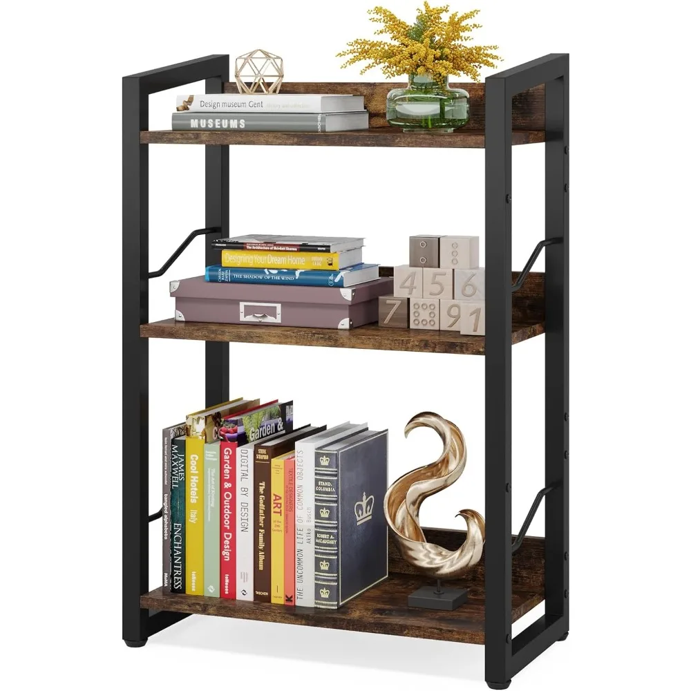 Shelf Small Bookshelf: 3-Tier Wood Bookcase Industrial Bookshelf with Edge Protection Metal Narrow Bookshelves Storage