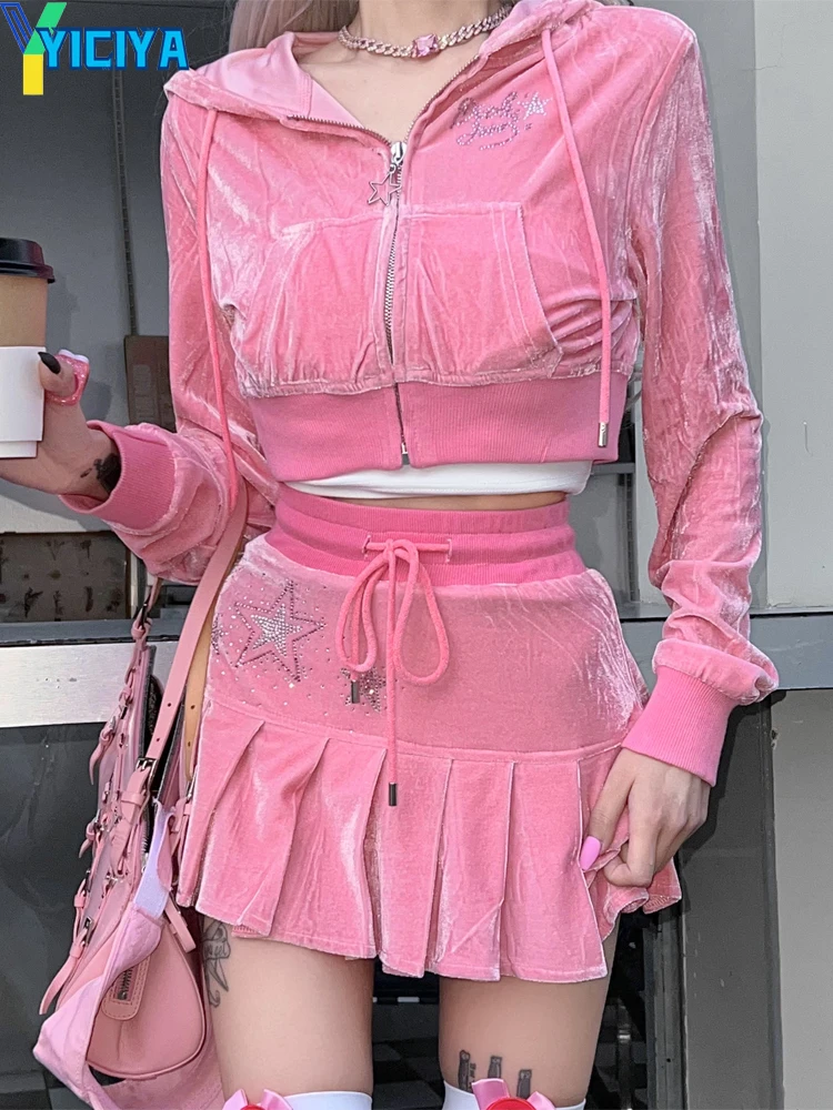 Y2k Velvet Tracksuit Women 2 Piece Sets Outfits Unicorn Diamond Hoodie Jacket And Pleated Skirt