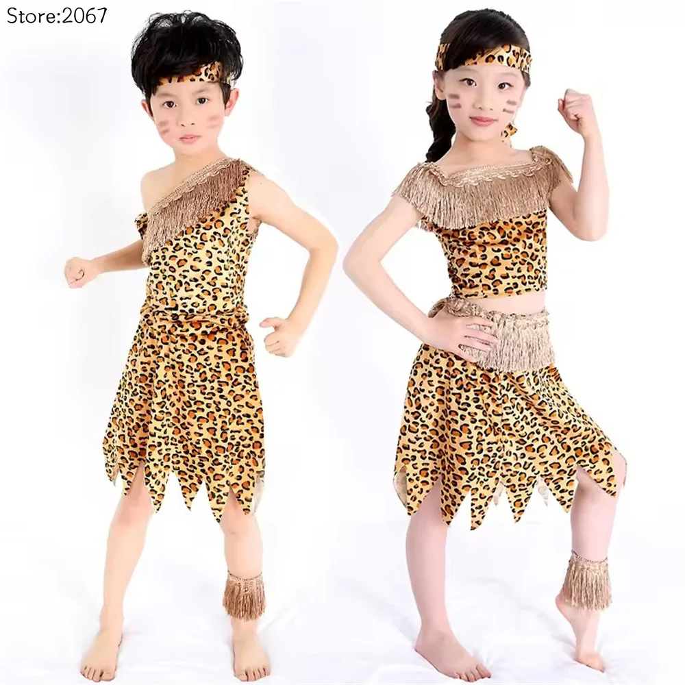 Children Savage Caveman Costumes Boy and Girl Leopard African Tribal Hunter Clothes Native American Modern Dance Performance Set