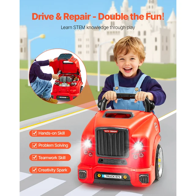 60 Pcs Kids Mechanic Car Repair Set with Removable Parts & Horn