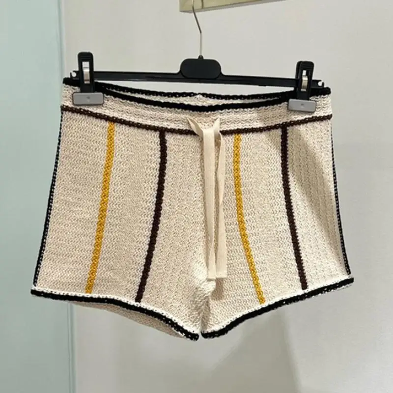 

2022 Summer Brand New Knitted Striped Contrast Color Striped Shoes Loose Straight Beige Casual Pants Women's Trend New Clothing