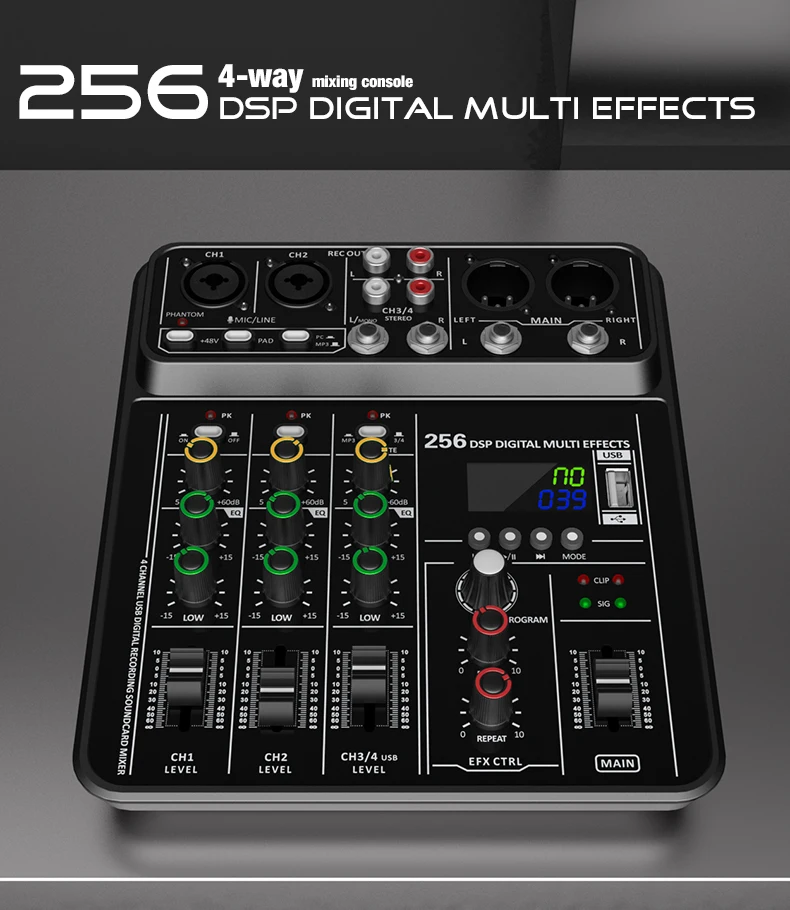 Audio Interface Mixer with Bluetooth USB Recording Computer 48V Phantom Power De