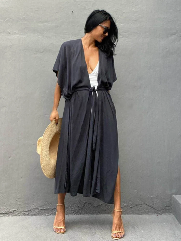 Swimsuit Cover Ups for Women Beach Cape Tunic Kimono Summer Belted Split Wrap Dresses Pareo Holiday Bathing Suits Factory Supply - 3