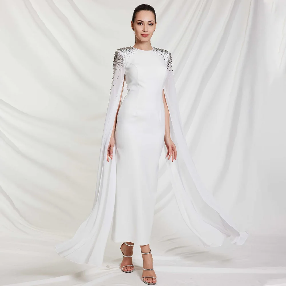 

Luxury Evening Dress Midi Ankle Length Sheath/Column Ivory Women's Gown Crystal O Neck Cloak Sleeves Wedding Guest Dresses 2024