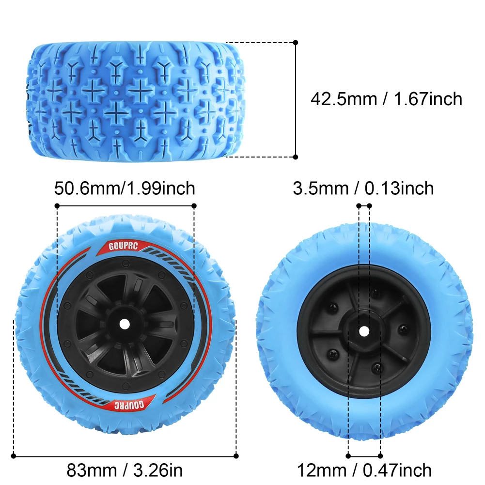 4Pcs 12mm Hex RC Wheel Tires Set Swamp Claw Mud Terrain Tires Accessories RC Wheels and Tires for 1/14 1/16 RC Car Crawler