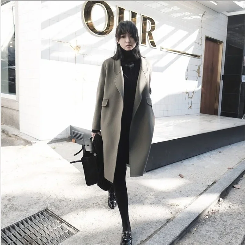 Fashion Double Sided Cashmere Wool Coats Women Lapel Solid Color Knee-Length Long Outwears Warm Thick Autumn Winter Overwears