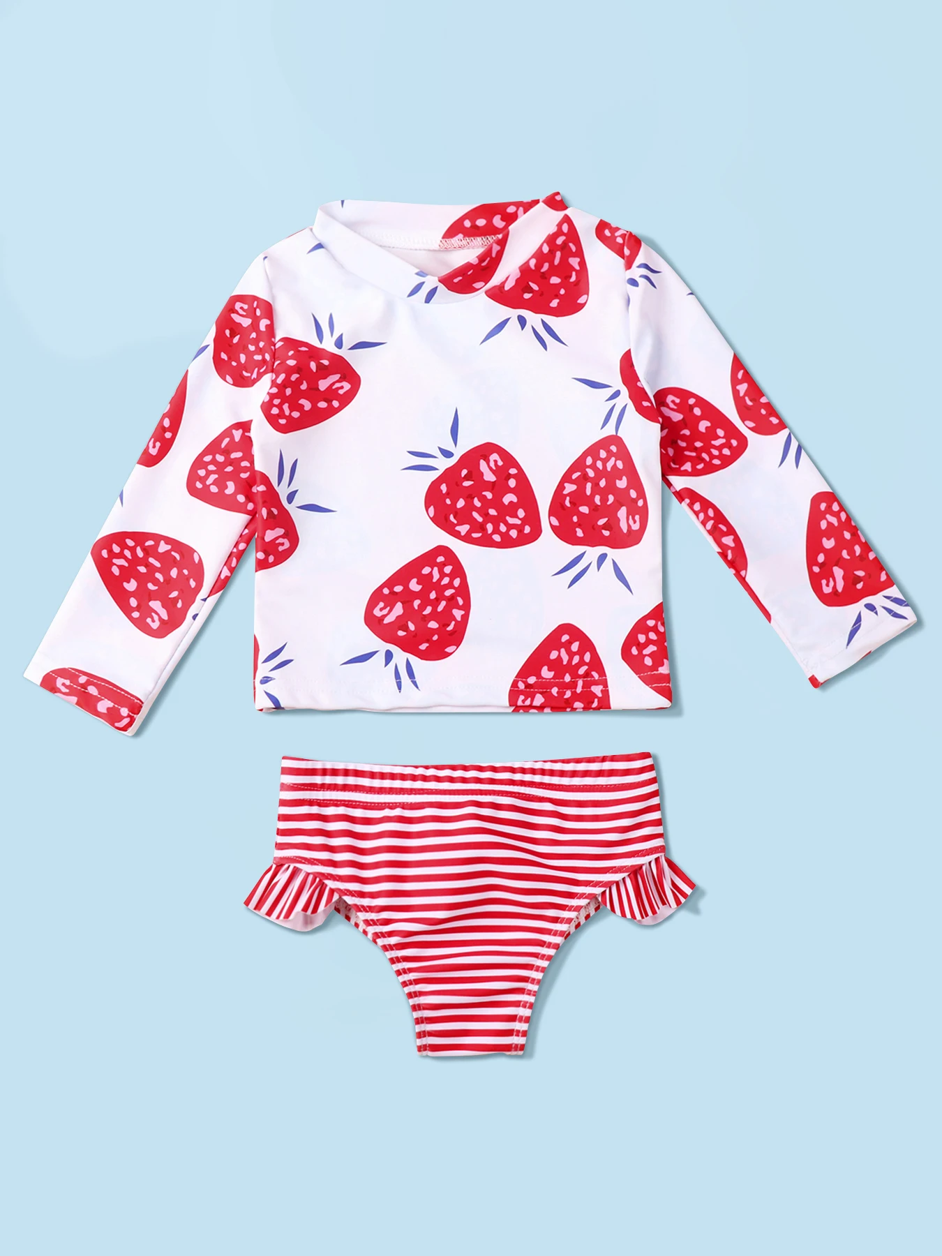 Baby Girls Two Piece Swimsuit Strawberry Print Swimwear Kids Swimming Clothing Long Sleeve Summer Beachwear Bathing Suit 3