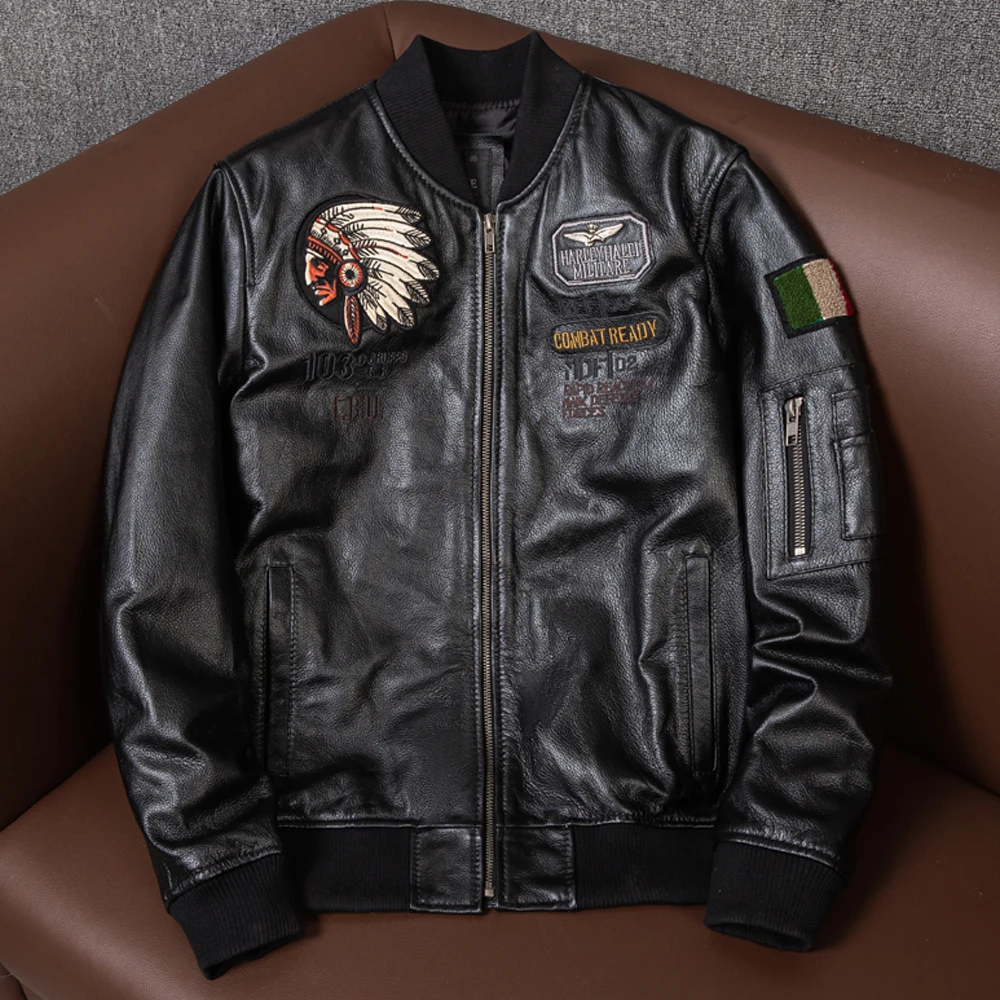 

Coat Force Leather Shipping Jackets Free Embroidery Military Jacket Air Indian Pilot Genuine Men's Flight Baseball Bomber
