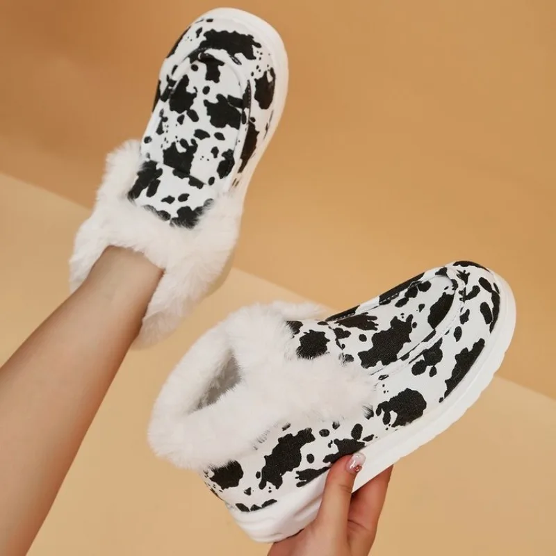 2025 Autumn Winter Women Fluffy Fur Snow Boots Women Leopard Print Flat Flat Heels Thicken Plush Cotton Padded Shoes Woman Warm