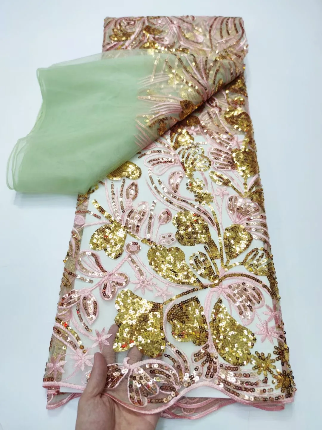 

(5 ярдов/шт.) мятно-зеленая французская сетчатая кружевная ткань с вышивкой, новинка для вечернего платья FYY127