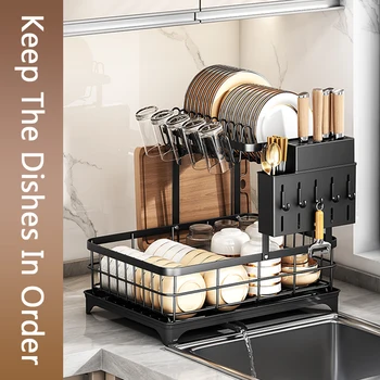 1 Or 2-Tier Space-Saving Kitchen Dish Drying Rack, Multifunctional Dish Rack, Rustproof Kitchen Dish Drying Rack With Drainboard 2