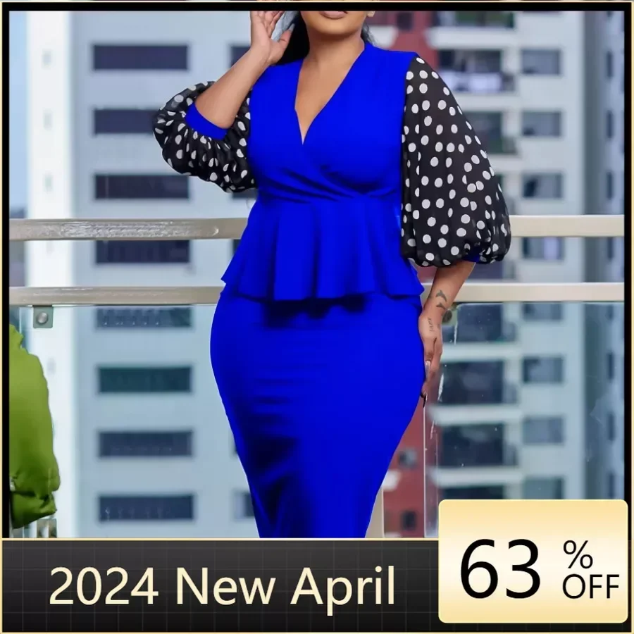 

2024 African Dresses for Women Summer African 3/4 Sleeve Polyester Print Puff Sleeve V-neck Party Evening Bodycon Dress S-3XL