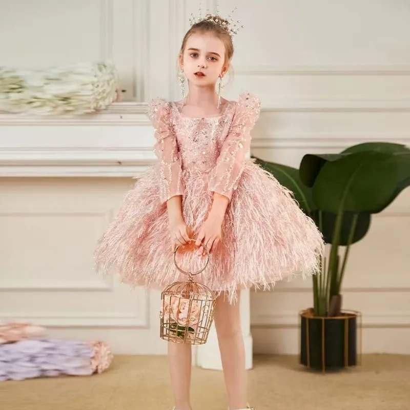 Fashion Baby Girl Princess Sequin Feather Dress Puffy Sleeve
