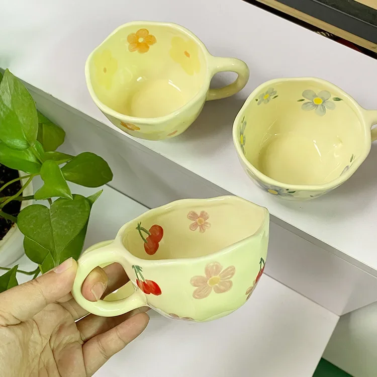 

300ml Ceramic Mark Coffee Cup Handmade Irregular Flower Milk Tea Korean Style Oat Breakfast Mug