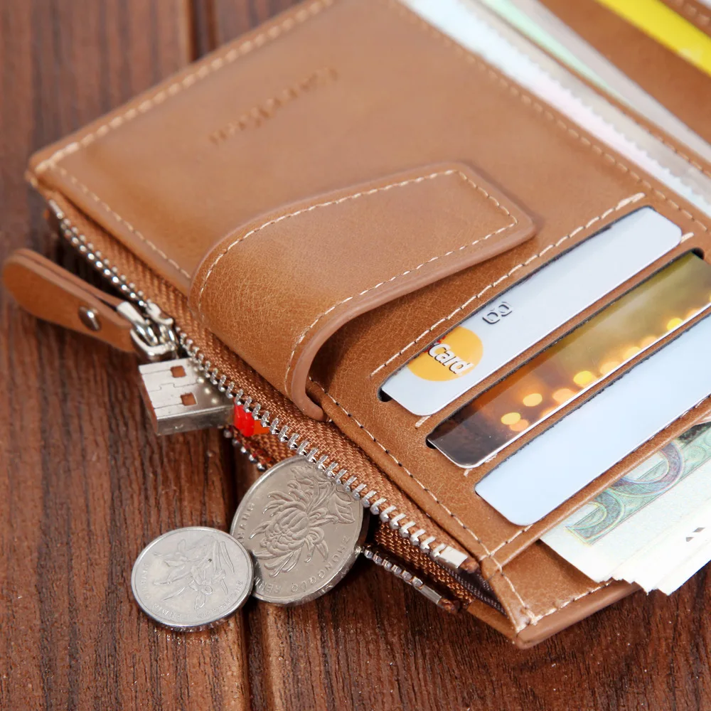 Men's Short Wallet, Large Capacity Zippered Oil Wax Leather Soft Leather Zero Wallet, Buckle Up Fashionable Business Wallet