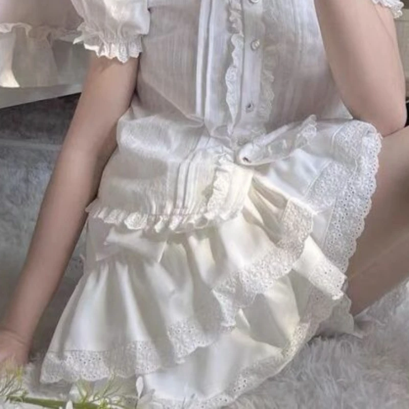 Summer Sweet Bow Lolita Cake Skirts Womens Kawai Lace Ruffles Pleated Skirt Girl Japan Elegant High Waist A-Line Y2k Short Skirt 6