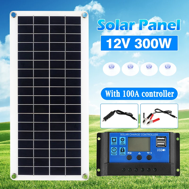 Pannello solare da 300 W con controller 100A Scheda di ricarica portatile per alimentatore esterno 12 V-18 V Cruscotto fotovoltaico completamente intelligente