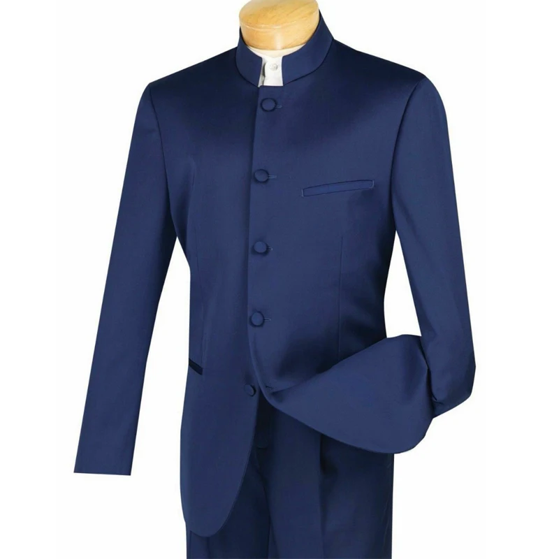 

Slim Fit Men's Suits with Satin Stand Collar Navy Blue Wedding Groom Tuxedo for Prom Party 2 Pcs Male Fashion Suit Jacket Pants