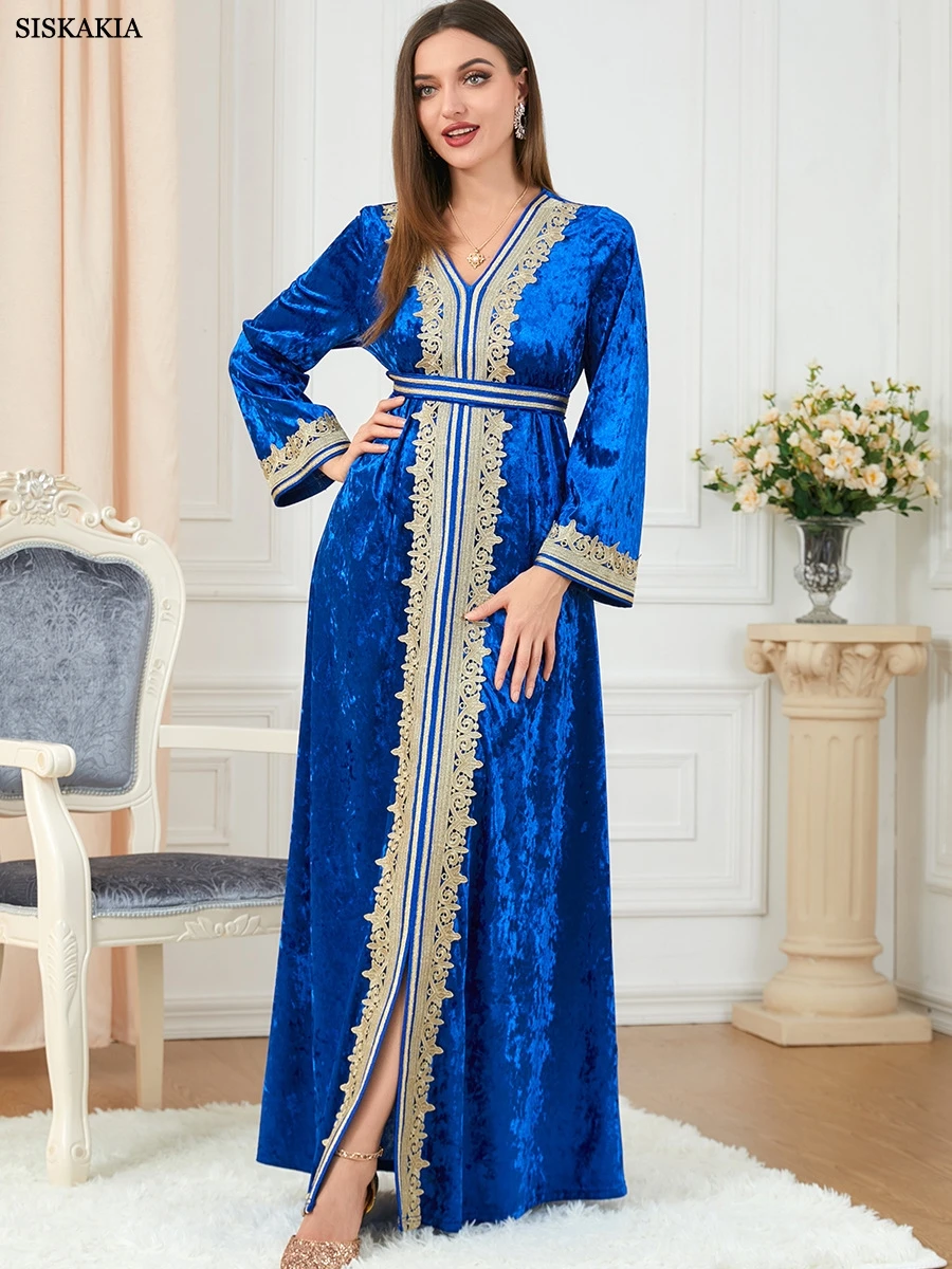 

Siskakia Dubai Luxury Velvet Autumn Winter Dresses Saudi Women Abaya Solid Long Sleeve Belted Muslim Ramadan Moroccan Kaftan