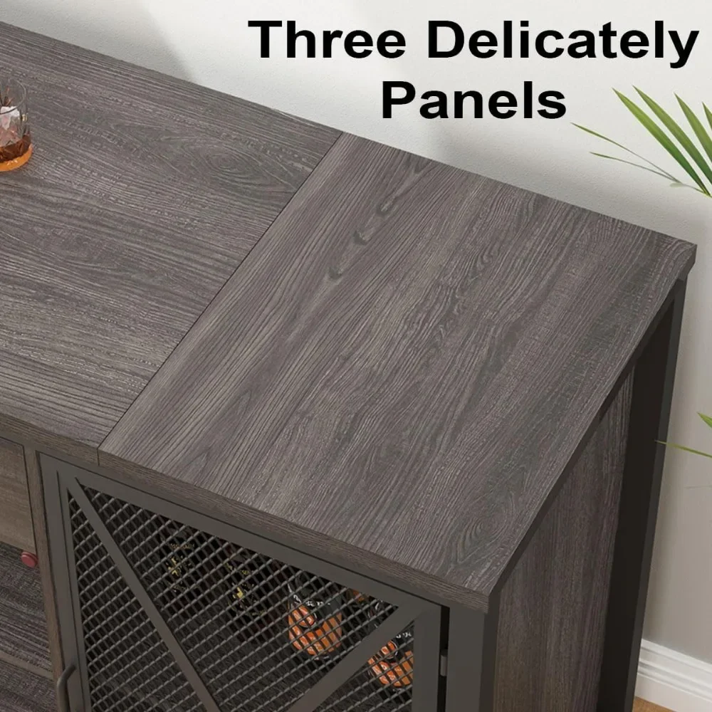 Long Bar Cabinet with Fridge Space, Farmhouse Big Liquor Cabinet with Drawer Storage, Rustic Wood Metal Large Wine