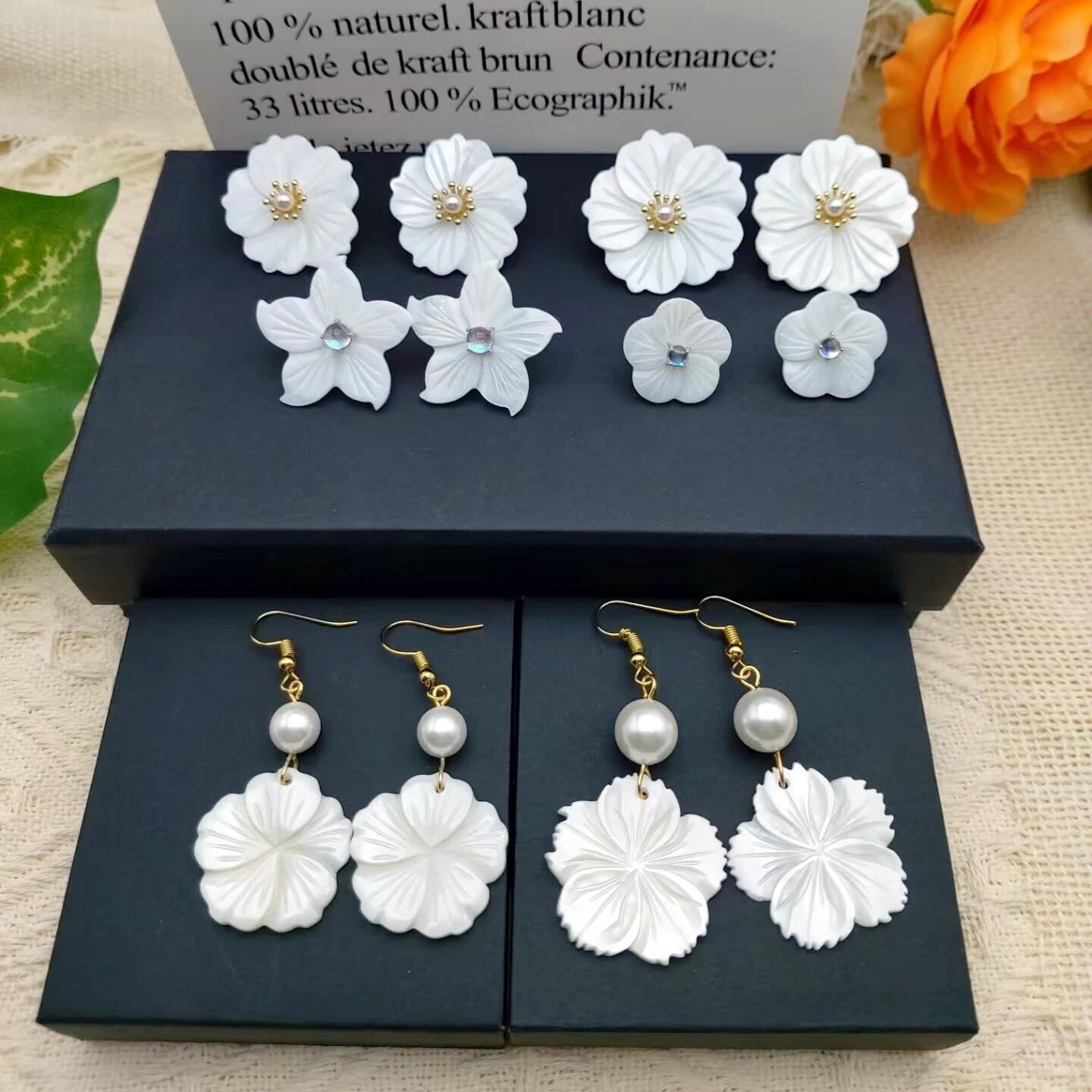 Mother of Pearl White Fower Earrings Bridesmaids Jewelry Medium Size Detachable Studs Hawaiian Island Jewelry