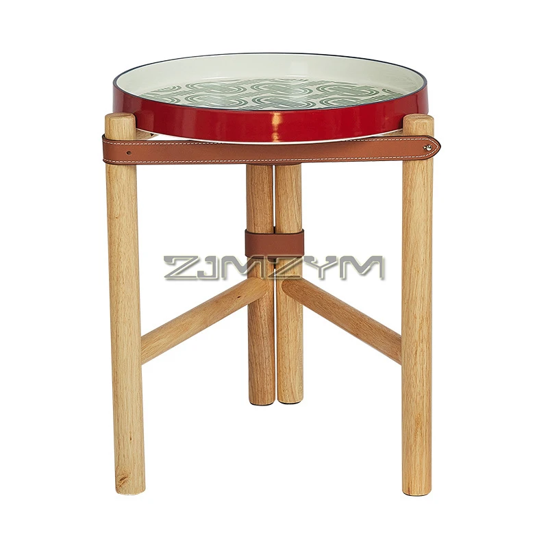

Круглый боковой столик с керамическим подносом 40 см, деревянный столик-подставка для небольших помещений, тумбочка для гостиной, спальни