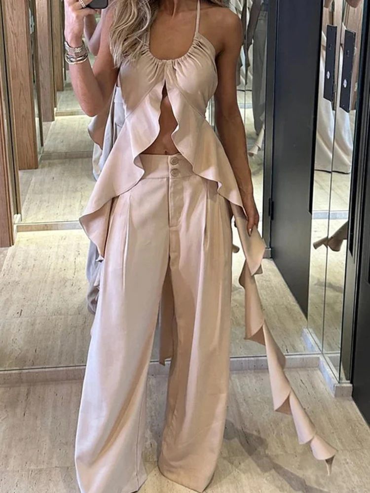 

Elegant Sexy Apricot Long Pant Suits Female Halter Sleeveless Backless Hallow Out Patchwork Lace-up Suits Streetwear Pant Suits