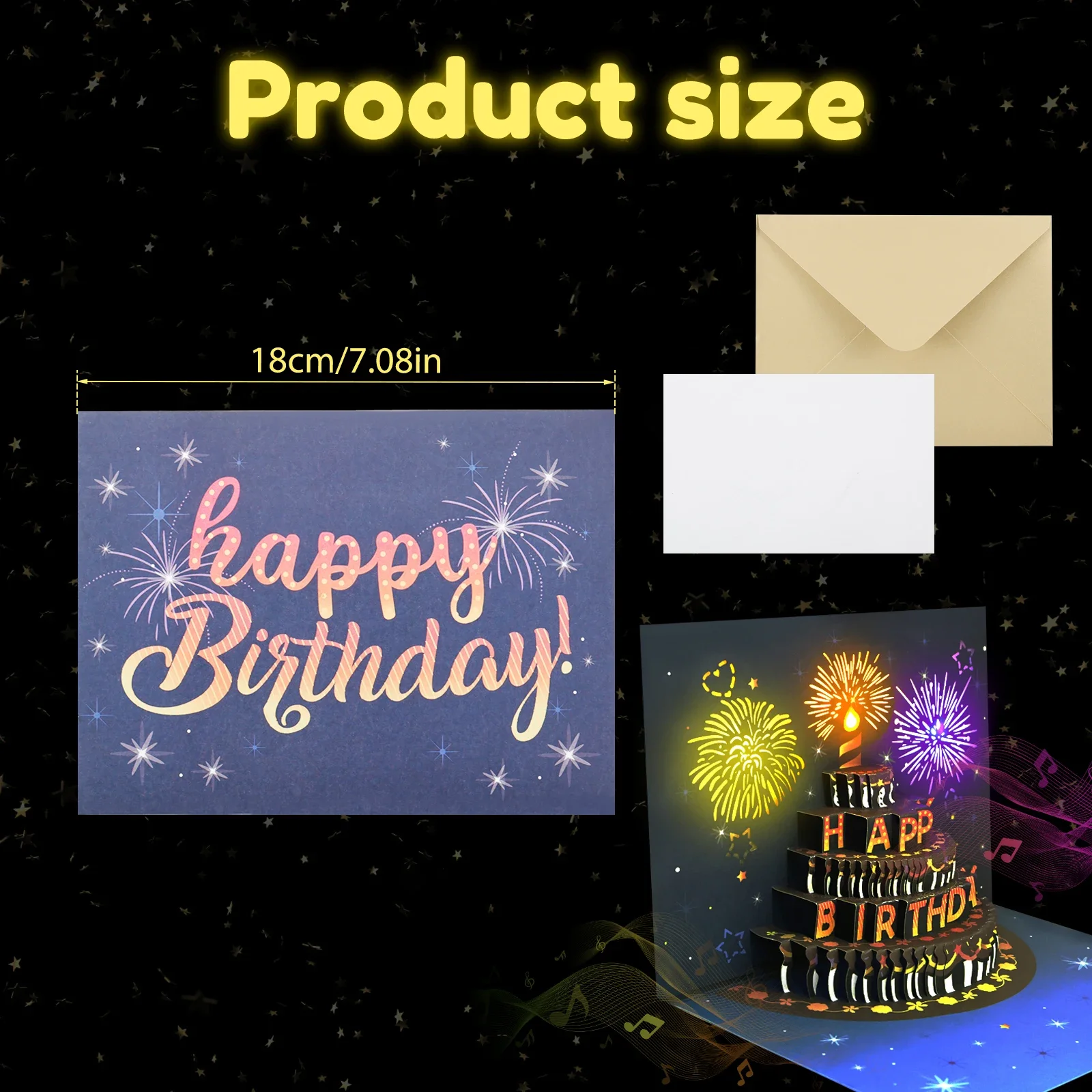 Birthday Cards Lights and Sound Pop up 3D Pop up with Envelope Happy Birthday Card Fireworks Greeting Cards