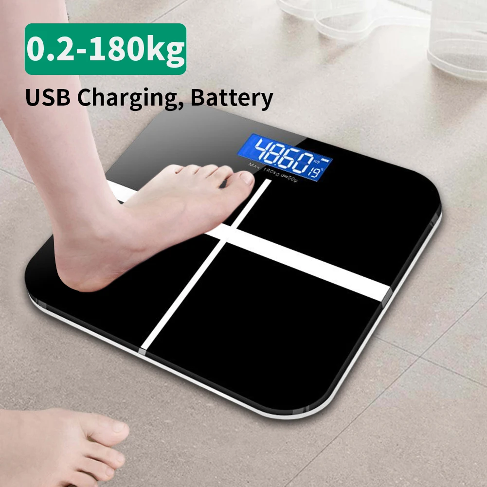디지털 인간 체중계 HD 디스플레이 전자 무게추 체중계, USB 충전 배터리 전원 전자 바디 체중계, 26x26cm, 0.2-180..