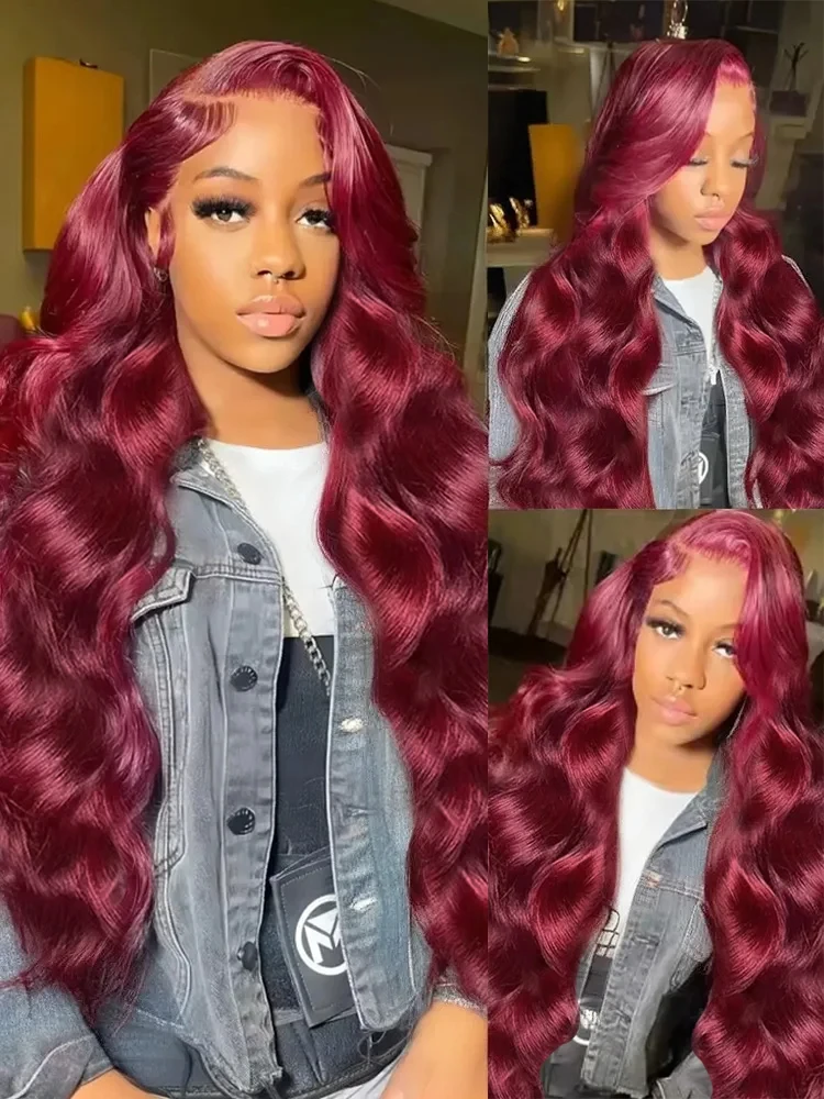 34 Inch 99J Burgundy Lace Front Wigs Human Hair 13x4 HD Transparent Body Wave Lace Front Wigs Human Hair Pre Plucked 5