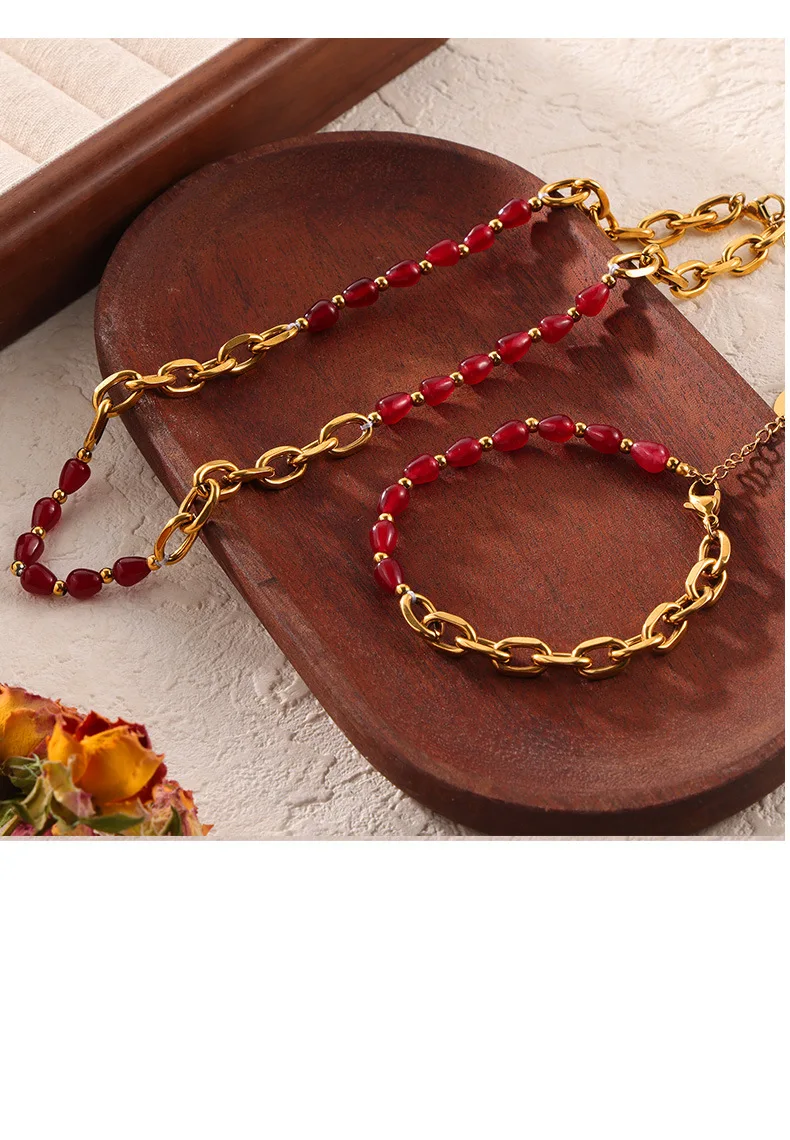 316l Edelstahl vergoldete Kette rote Achat Perlenkette Armband Luxus Schmuck Set Damen Vintage Accessoires – Detail 11
