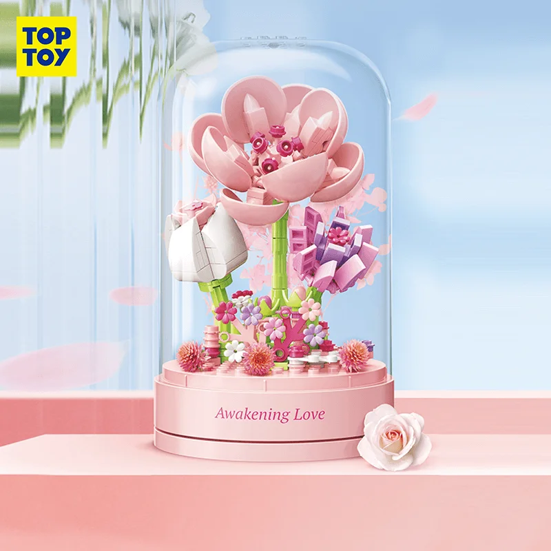 TOPTOY 식물 시리즈 빌딩 블록, 꽃 뮤직박스 조립 장난감, 빌딩 블록 퍼즐 장난감, 선물 수집