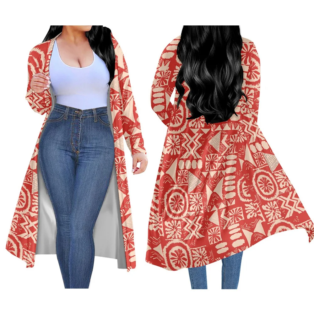 

Womens Fashion Long Sleeve Cardigan Cloak Polynesian Samoa Fijian Tapa Tribal OEM Designer Beach Open Front Kimono Trench Coat